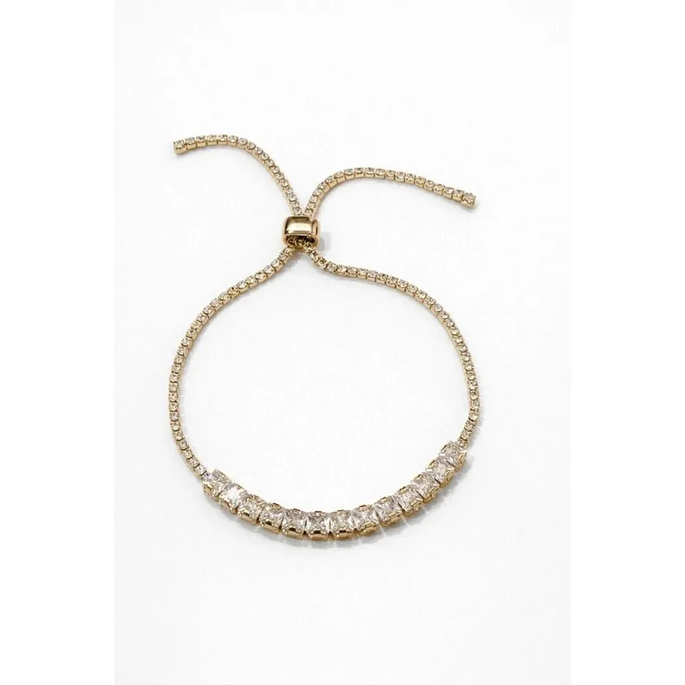 18K Gold Filled Crystal Tennis Bracelet Adjustable Slider Bolo Baguette Sparklin